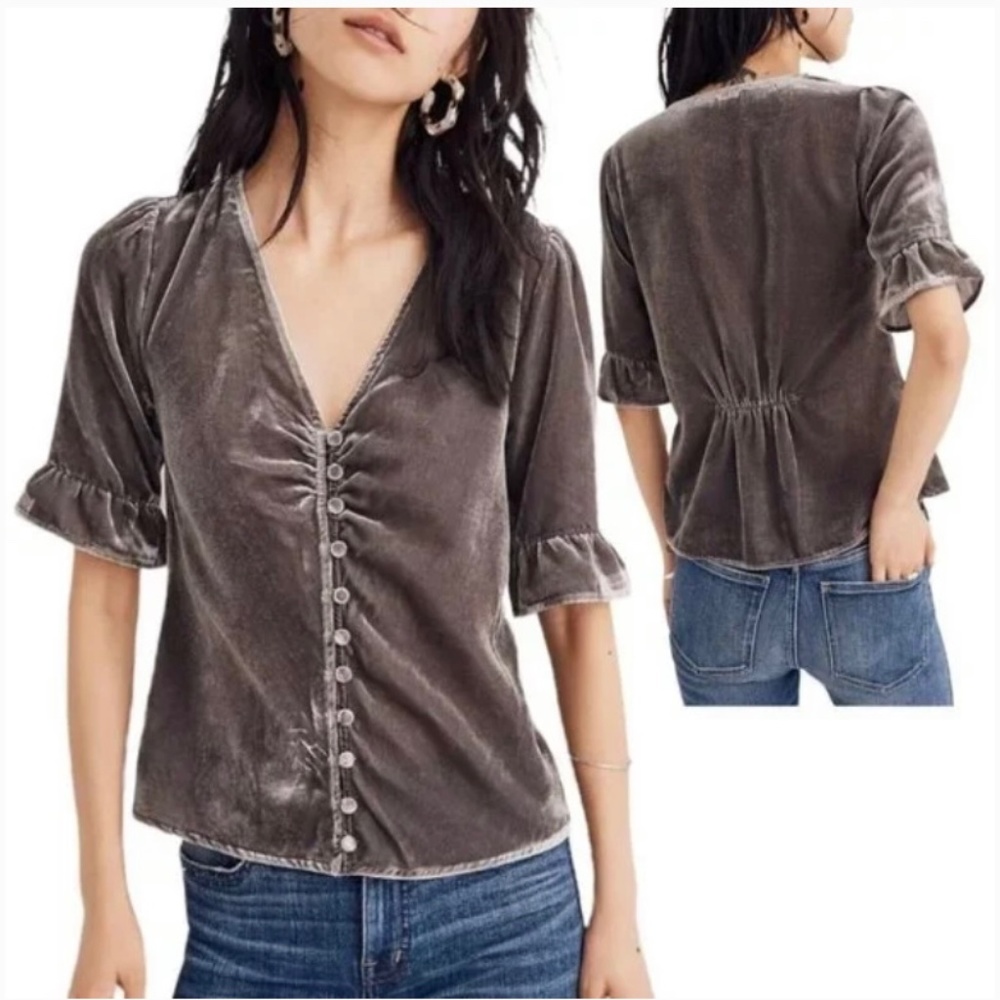 Madewell velvet short sleeve button blouse